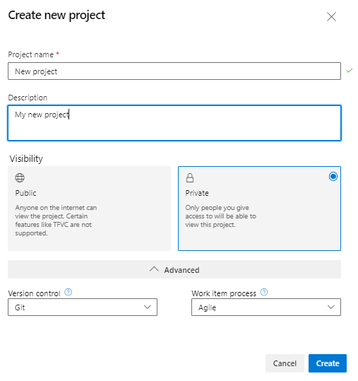 Azure DevOps New project dialog