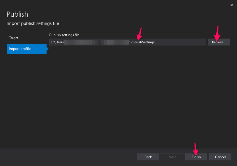 Visual Studio import publish browse